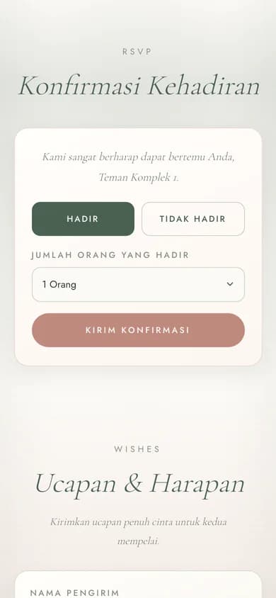Contoh bagian RSVP di undangan. Pemindaian QR dilakukan petugas melalui dashboard.